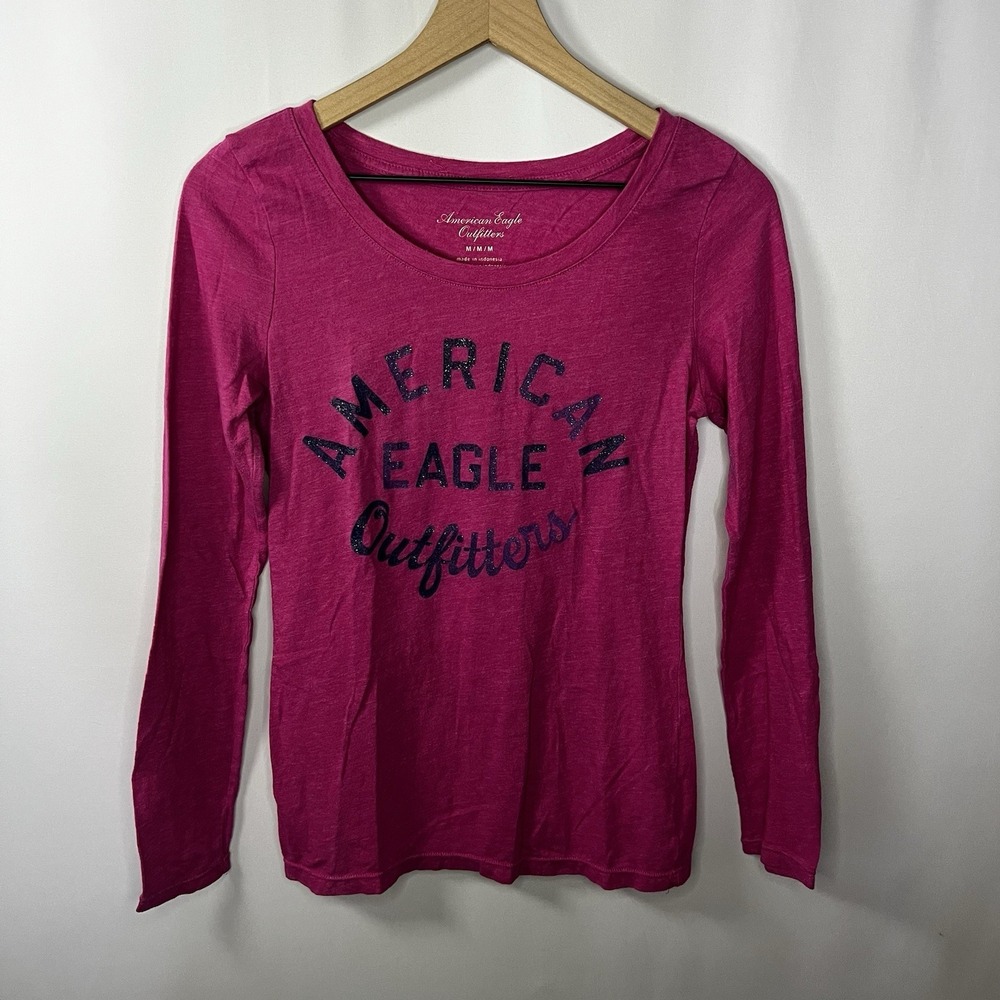 Vtg American Eagle Shirt‎ Women Sz Medium Pink Graphic Print Long Sleeve Top Y2K